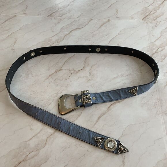 Vtg Leatherock Blue Leather Western Belt Silver Tone Concho Studded Buckle Large main image 6